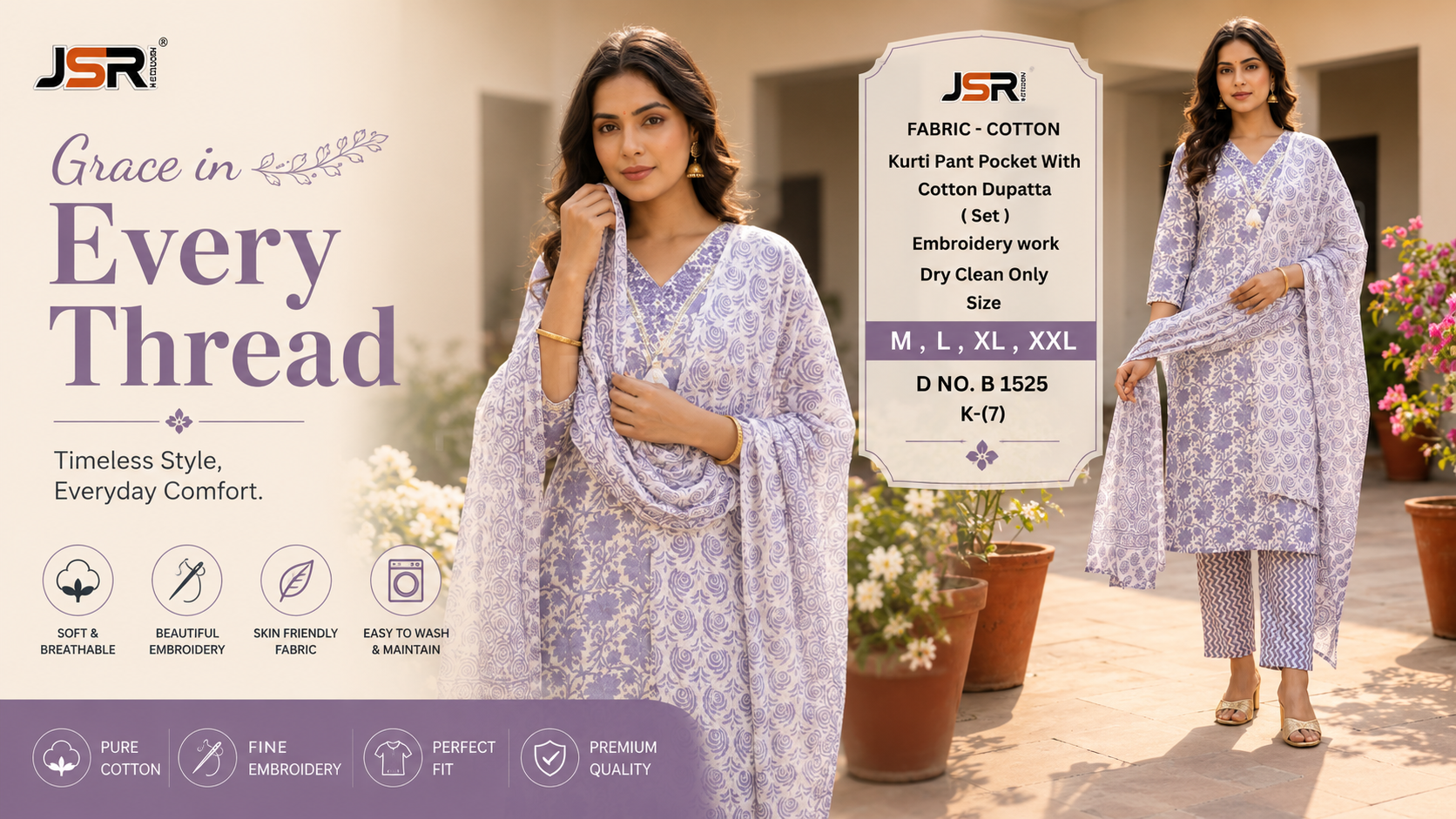 Lavender Pocket Cotton Kurti Pant with Dupatta Set (D No. B1525)