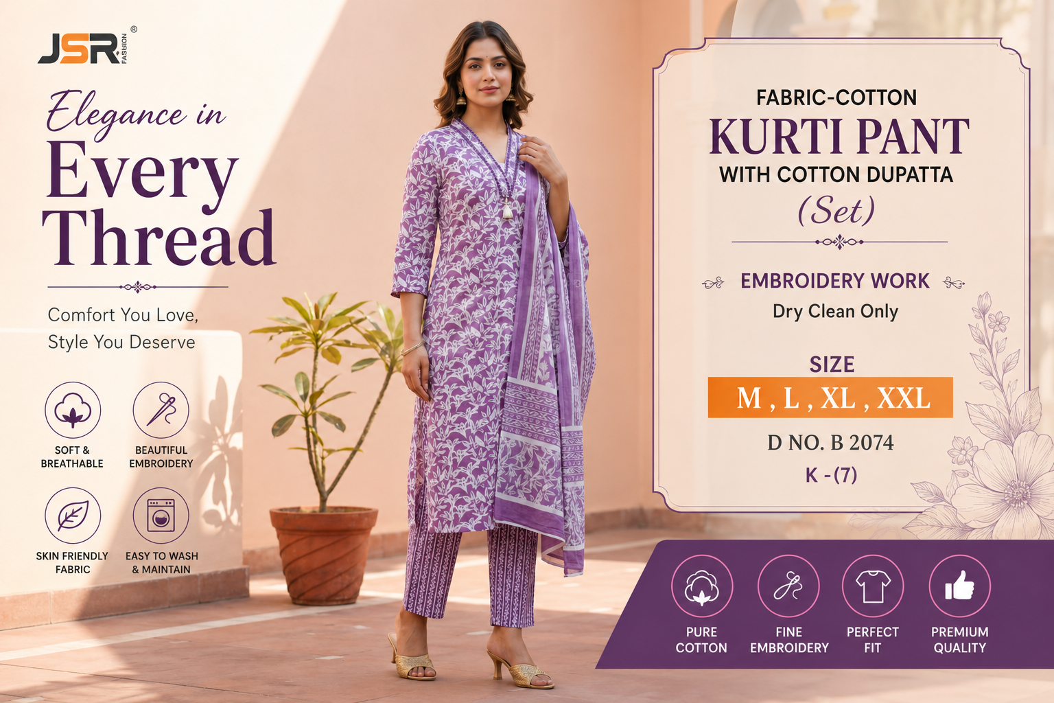 Women's Lavender Floral Cotton Kurti Pant with Cotton Dupatta Set | Embroidered Ethnic Wear