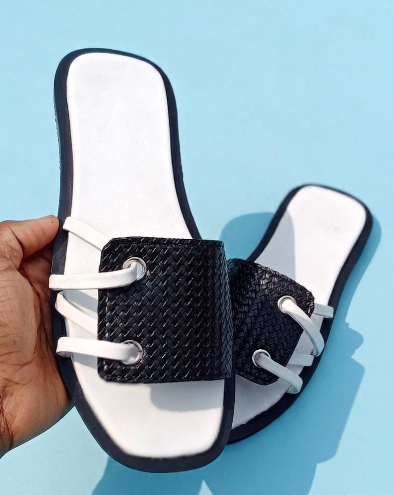 Women's Black Woven Strap Slide