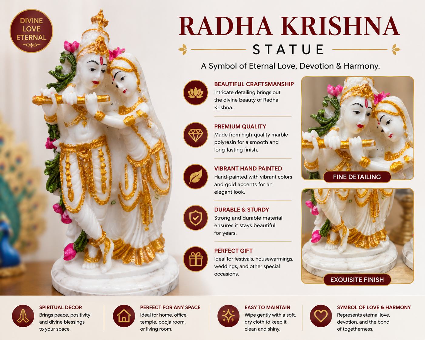 Decorative Radha Krishna Marble Finish Idol for Home  Temple