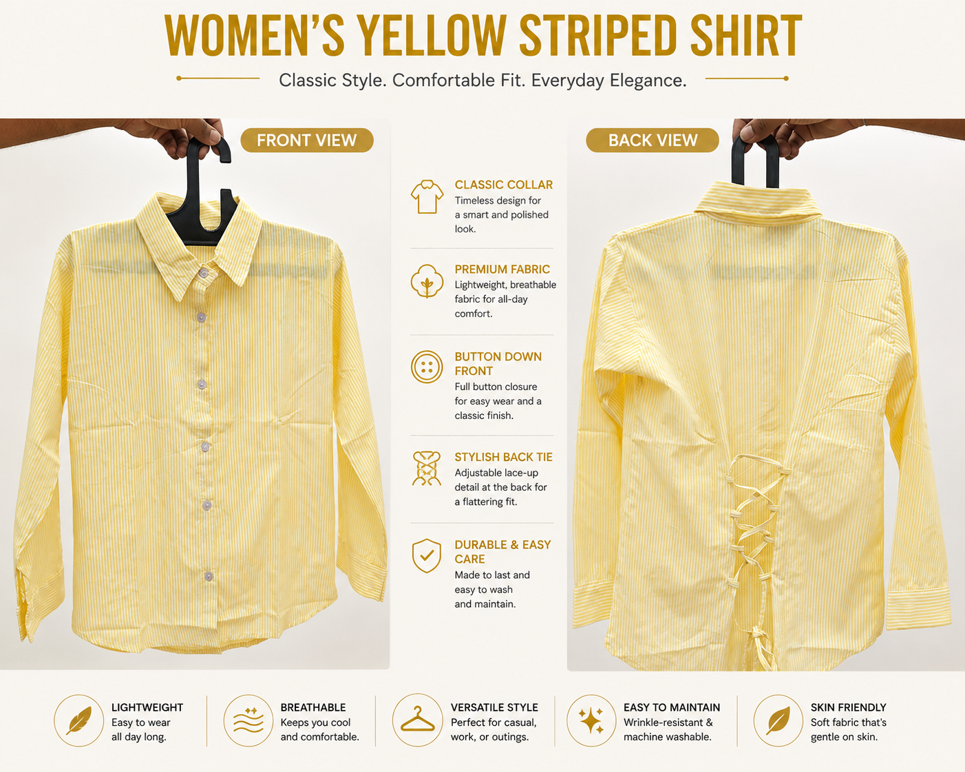 Women's Yellow Striped Full Sleeve Casual Shirt with Back Tie Detail