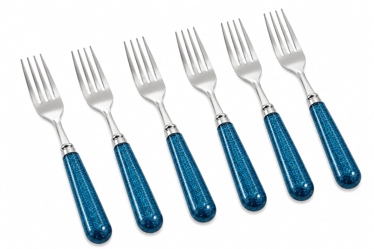 Stainless Steel Fork Set with Blue Glitter Handles | 6-Piece Tableware Set
