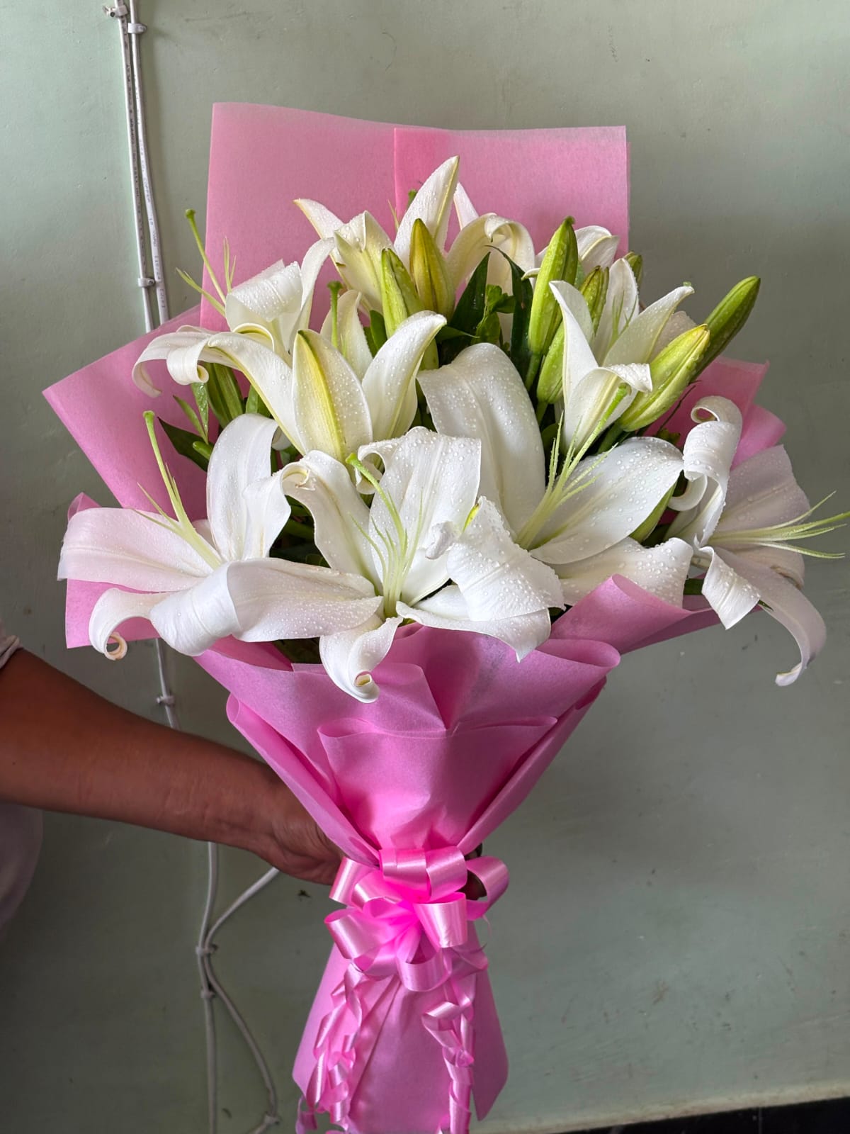 Elegant White Lily Bouquet with Pink Wrap & Ribbon