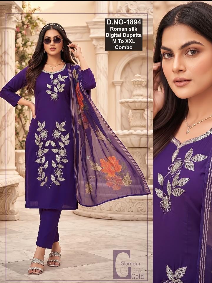 Purple Embroidered Roman Silk Suit Set – D.No. 1895
