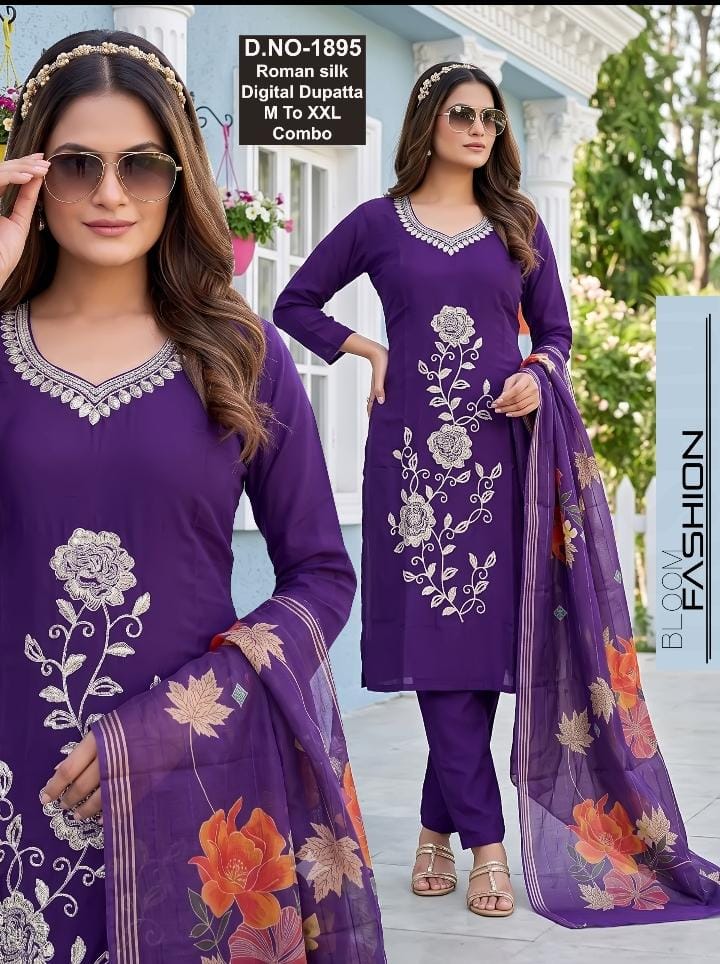 Purple Floral Embroidered Roman Silk Suit Set – D.No. 1894
