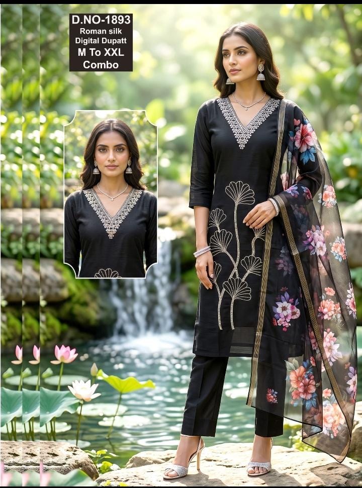 Black Floral Embroidered Roman Silk Suit Set – D.No. 1893