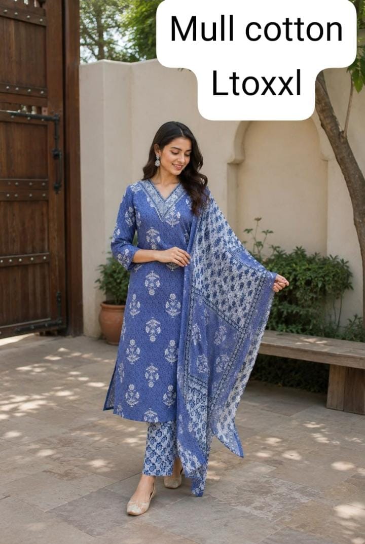 Women’s Blue Printed Mul Cotton Kurta Pant & Dupatta Set – Lightweight Ethnic Wear