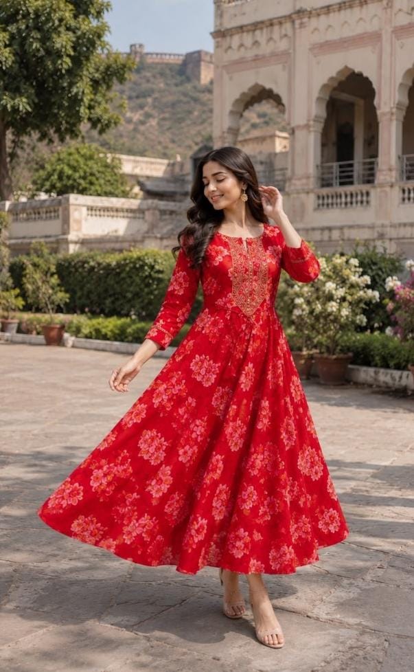 Red Floral Printed Flared Midi/Maxi Dress