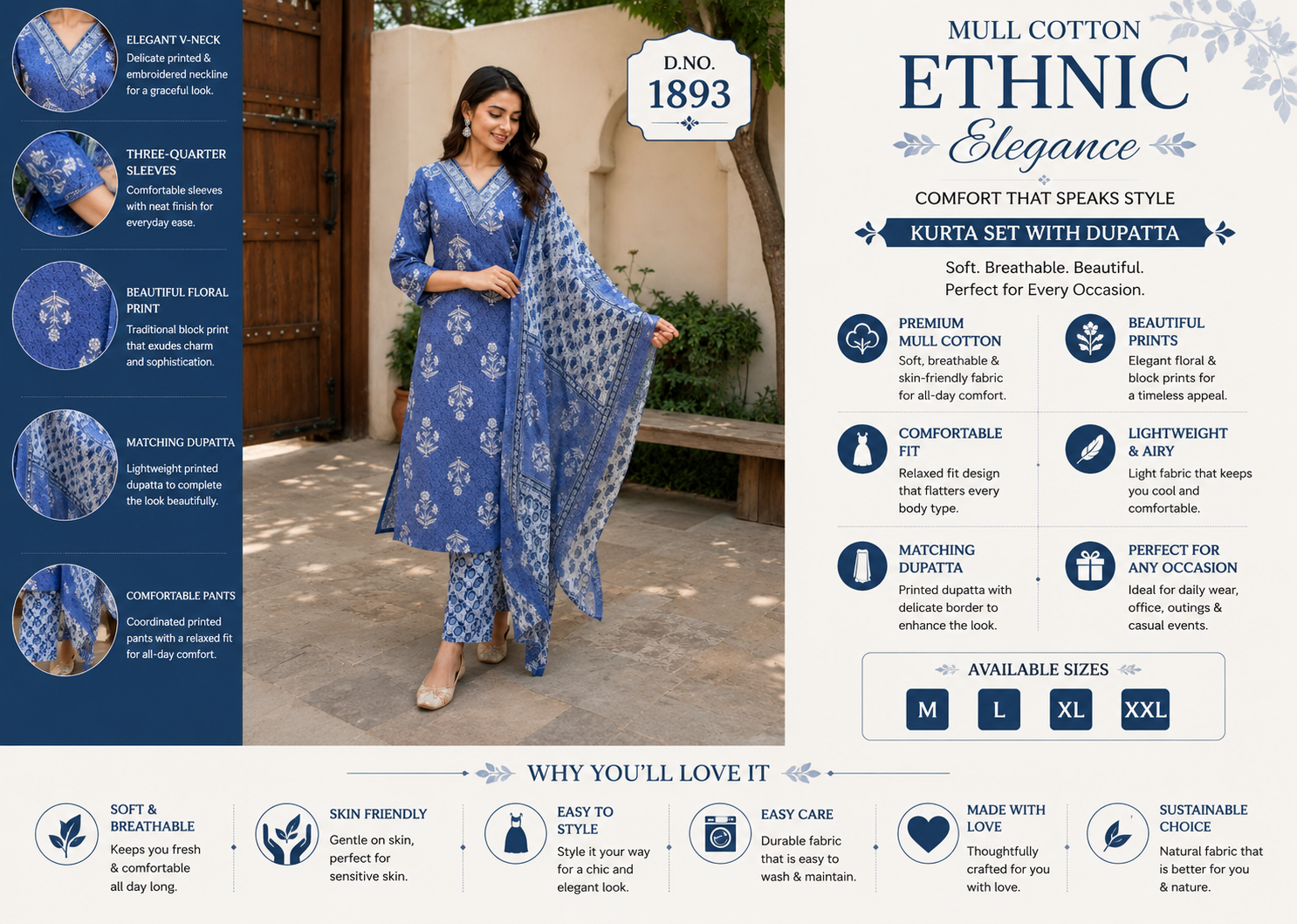 Women’s Blue Printed Mul Cotton Kurta Pant & Dupatta Set – Lightweight Ethnic Wear