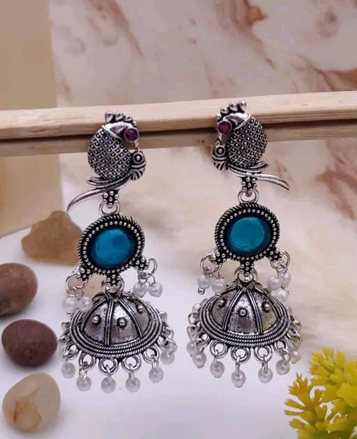 Women’s Oxidised Silver Peacock Jhumka Earrings with Colourful Stone & Pearl Danglers