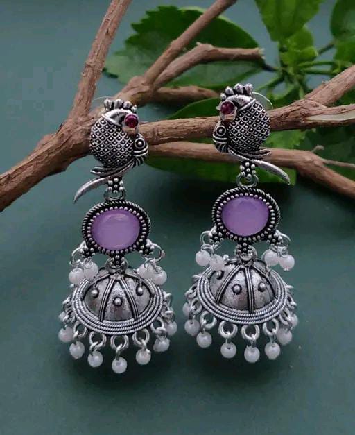 Women’s Oxidised Silver Peacock Jhumka Earrings with Colourful Stone & Pearl Danglers