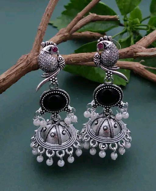 Women’s Oxidised Silver Peacock Jhumka Earrings with Colourful Stone & Pearl Danglers