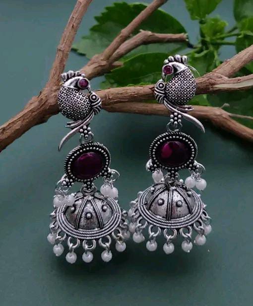 Women’s Oxidised Silver Peacock Jhumka Earrings with Colourful Stone & Pearl Danglers
