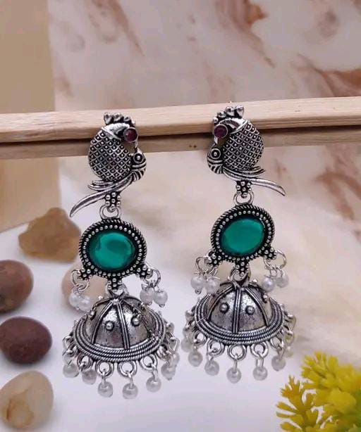 Women’s Oxidised Silver Peacock Jhumka Earrings with Colourful Stone & Pearl Danglers