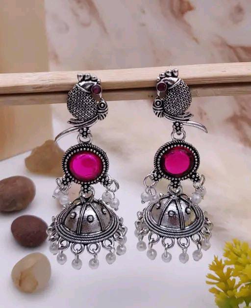 Women’s Oxidised Silver Peacock Jhumka Earrings with Colourful Stone & Pearl Danglers
