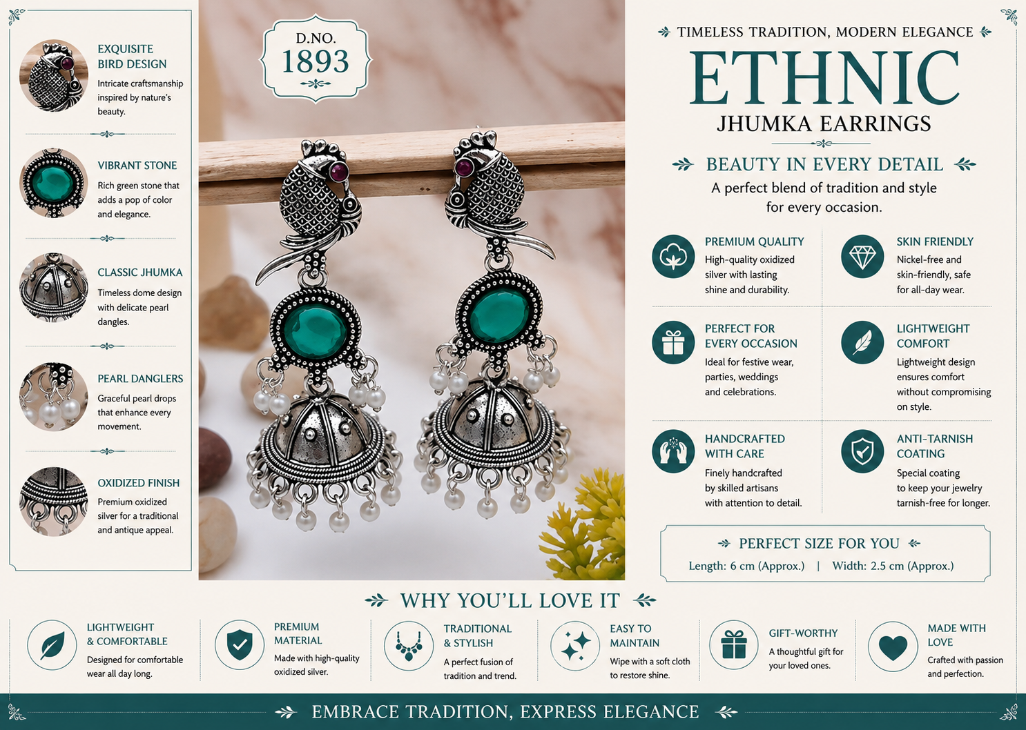 Women’s Oxidised Silver Peacock Jhumka Earrings with Colourful Stone & Pearl Danglers