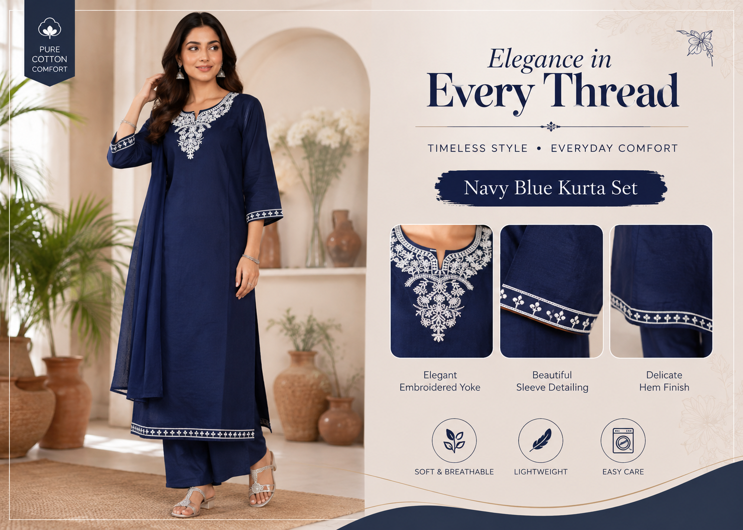 Women’s Embroidered Straight Kurti – Navy Blue with White Floral Embroidery