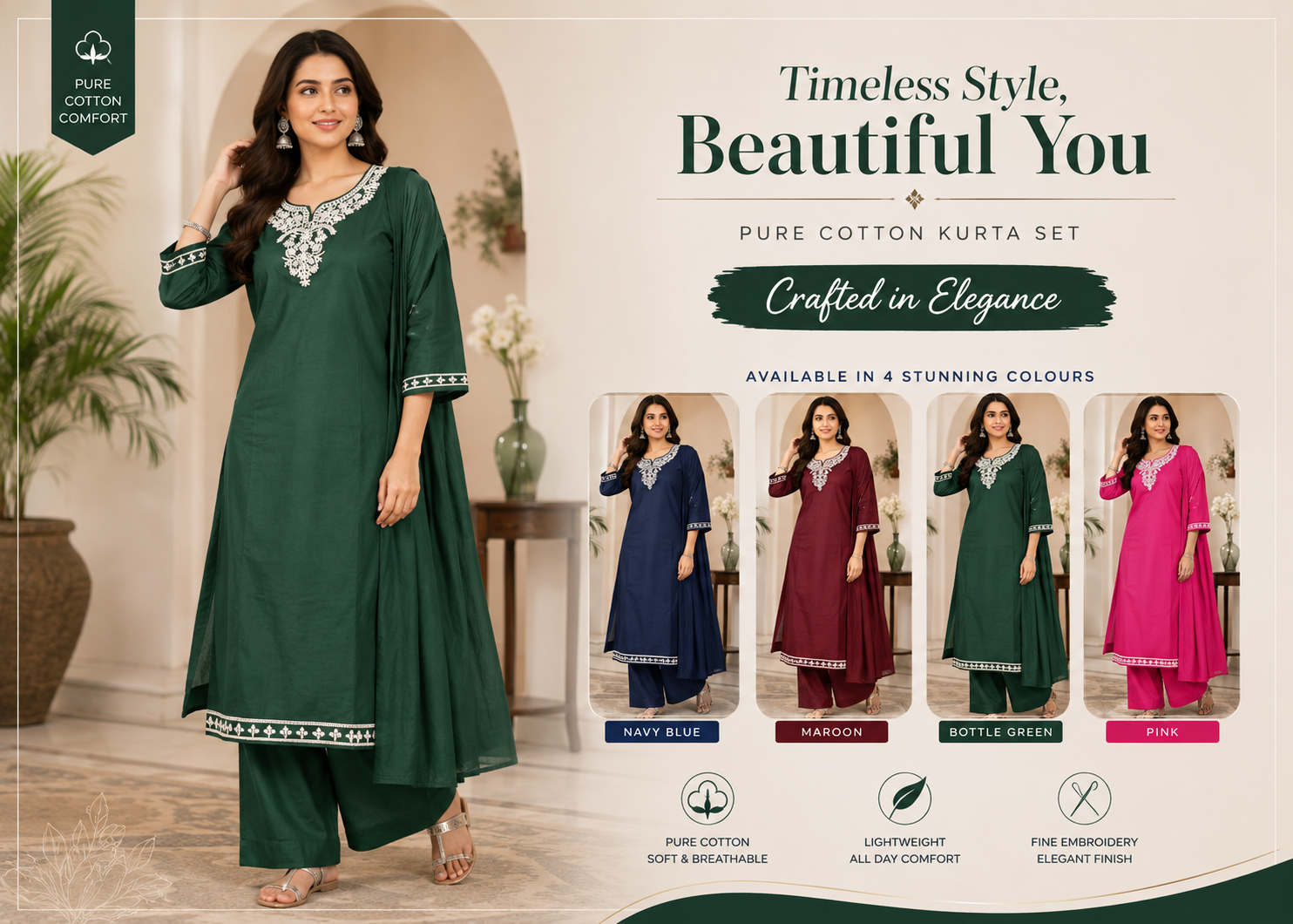Women’s Embroidered Straight Kurti – Navy Blue with White Floral Embroidery