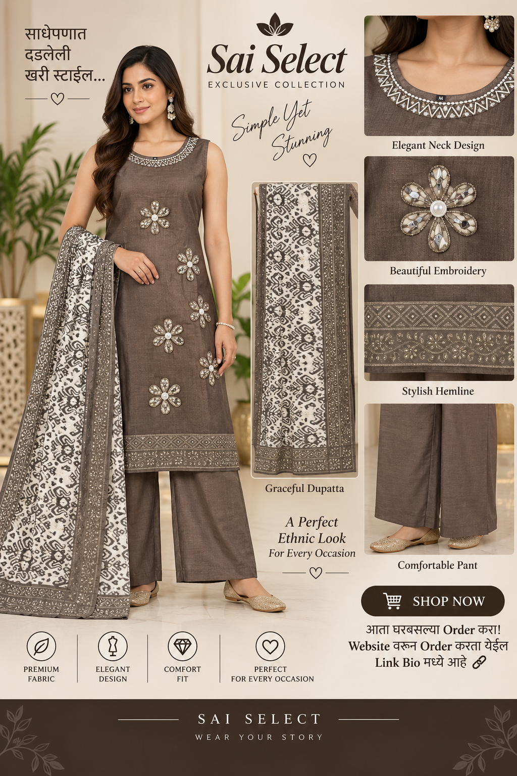 BElegant Brown Embroidered Kurti Pant & Dupatta Set