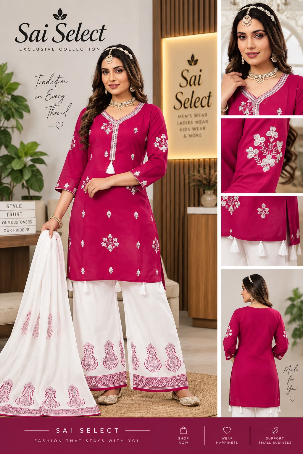 Pink Embroidered Kurti Palazzo & Dupatta Set