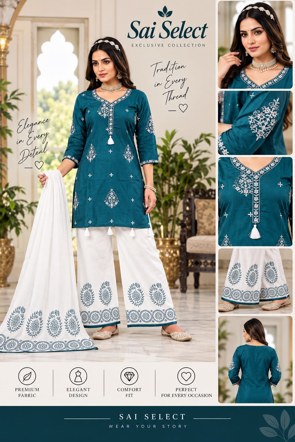 Teal Blue Embroidered Kurti Palazzo & Dupatta Set