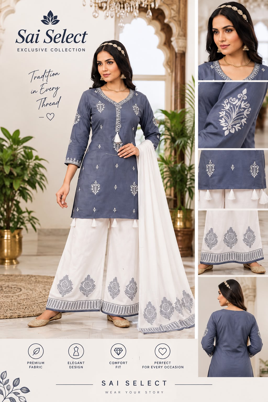 ✨ Elegant grey  Ethnic Set ✨  परंपरेची सुंदरता आणि आकर्षक embroidery यांचा सुंदर संगम 💙  * 💙 Teal Blue Embroidered Kurti * ✨ Beautiful Neck & Sleeve Embroidery * 🌸 Stylish Printed Palazzo * 🤍 Matching Printed Dupatta * 🧵 Beautiful Tassel Detailing * 👗 Comfortable & Elegant Fit * 💫 Perfect for Festivals, Functions & Special Occasions