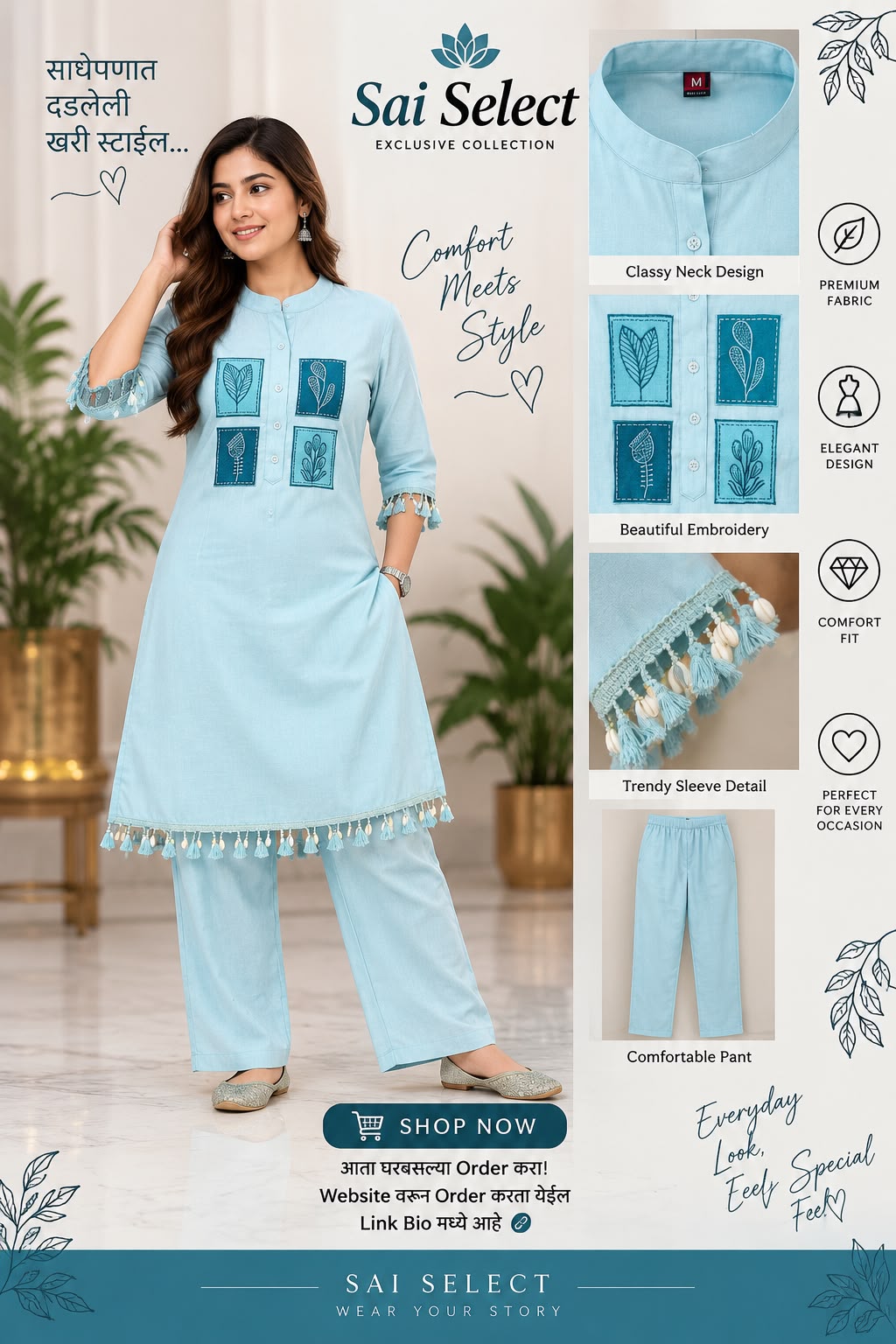 Sky Blue Embroidered Cord Set