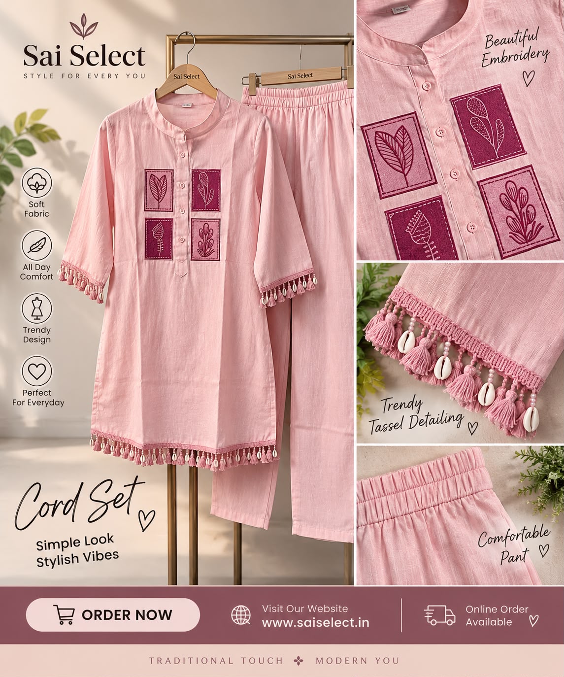 Pink Embroidered Cord Se