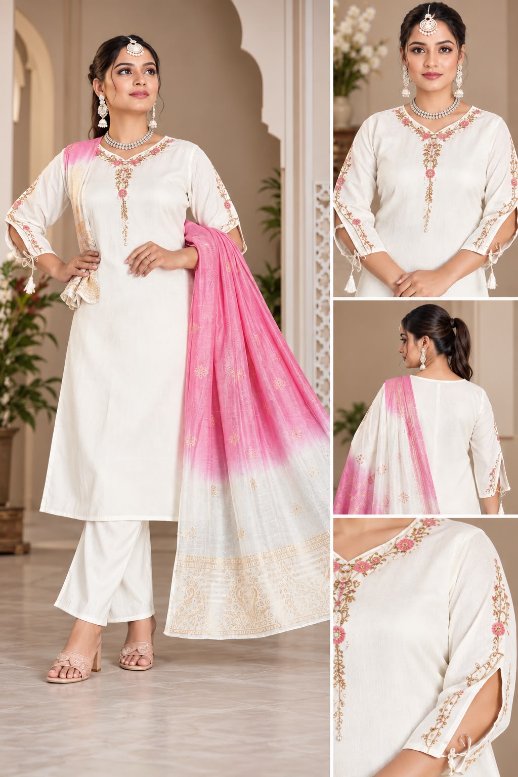 Off-White & Pink Embroidered Kurta Pant & Dupatta Se