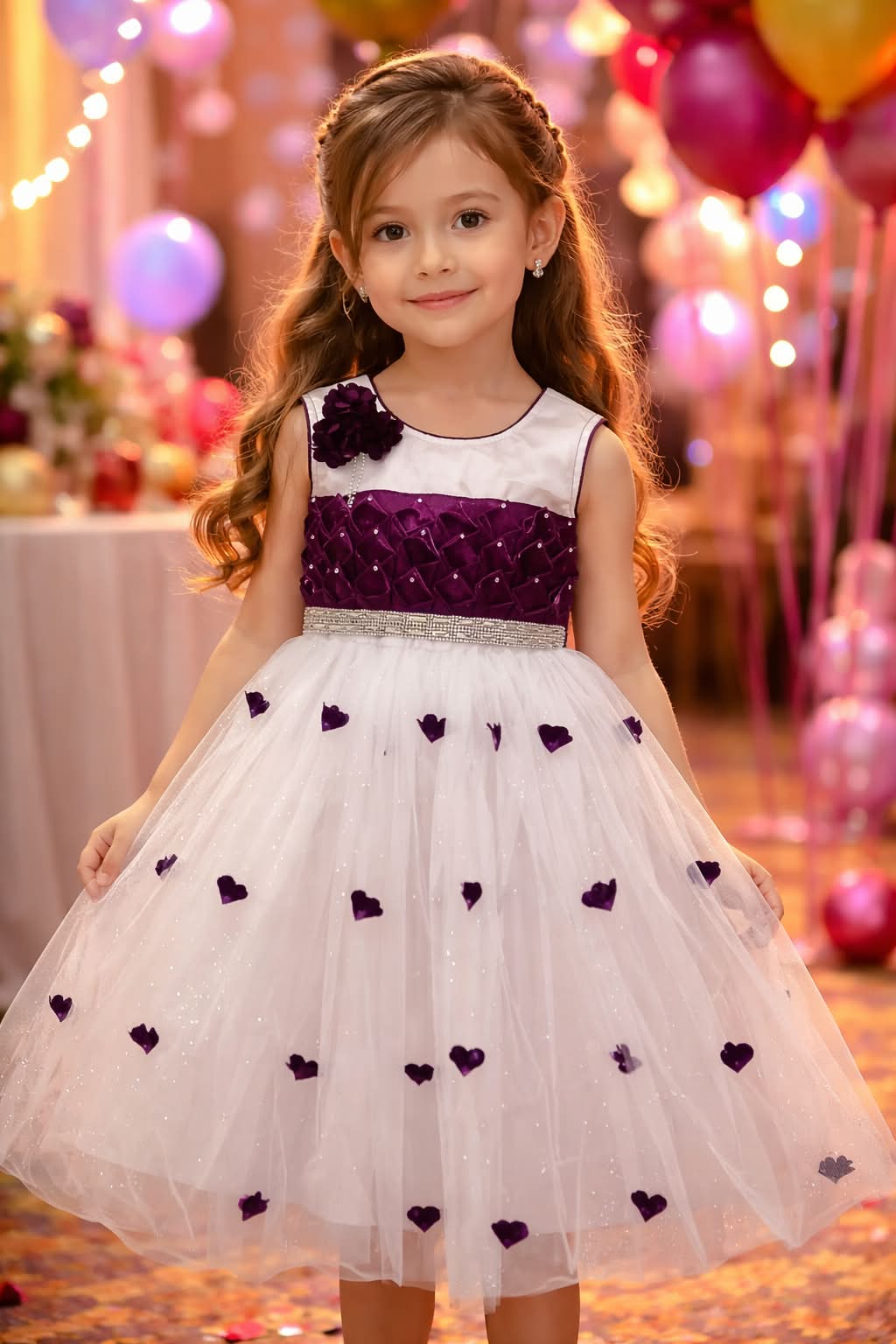 Elegant White & Purple Tulle Party Dress for Girls