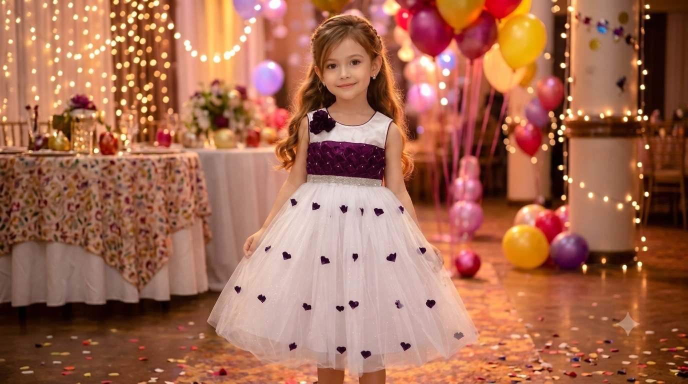 Elegant White & Purple Tulle Party Dress for Girls
